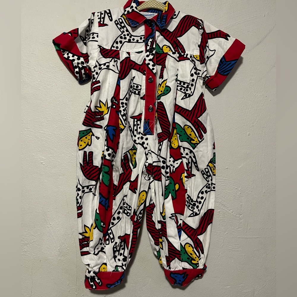 Vintage Primary Red and Green Animal Print Kids One Piece Romper